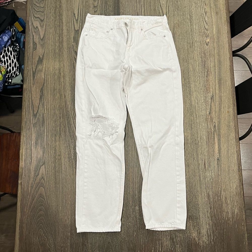 American Eagle Jeans Straight Leg High Rise Ripped Cotton Denim White Size 8R